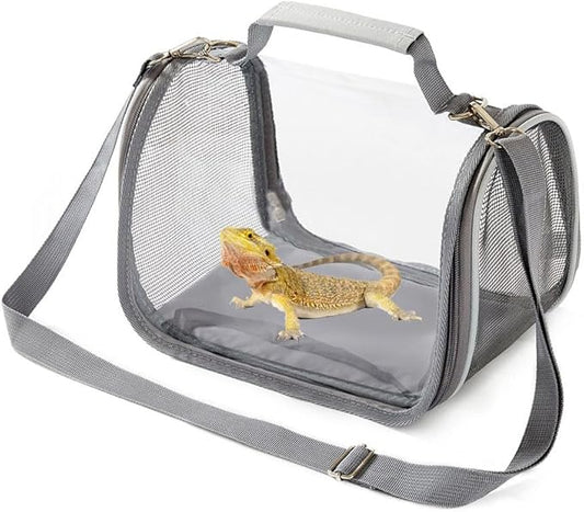 Reptile Small Animal Travel Carrier - Portable Ventilated Pet Carrier for Bearded Dragons, Lizards, Sugar Gliders, Hedgehogs, Rats, Birds, Guinea Pigs etc | Escape-Proof, Breathable Mesh (Grey)