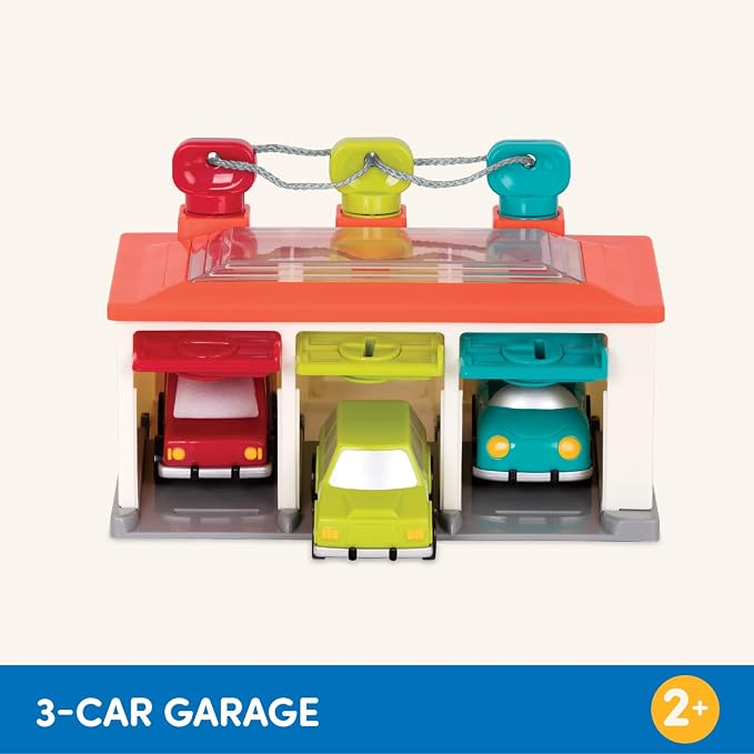 Battat 3-Car Garage, Color Sorting Push-and-Go Playset, Toddler | playset with matching keys, transparent roof, take-along handle, color and shape matching, Toddler, 2+ Years