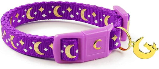 WAAAG Cat Collars, Gold Moons and Stars Cat Collar, Safety Breakaway Cat Collar, Glow in The Dark (Standard 9"-15" Neck, Purple)
