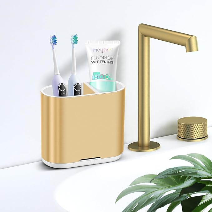 Chintu Toothbrush and Toothpaste Holder with Divider for Bathroom Countertop Organizer, Detachable for Easy Clean,Kids Electric Toothbrush Holders Storage Caddy for Family (Gold)