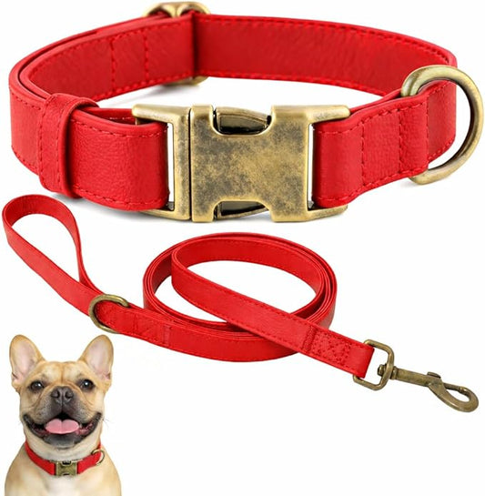 Silicone Dog Collar and Leash Set, Waterproof & Odor-Proof Puppy Collar for Small Dogs, Soft Flexible Leather-Look Dog Collars, Durable Thick Adjustable Pet Collar (Red, Large (14.5-24" Neck))