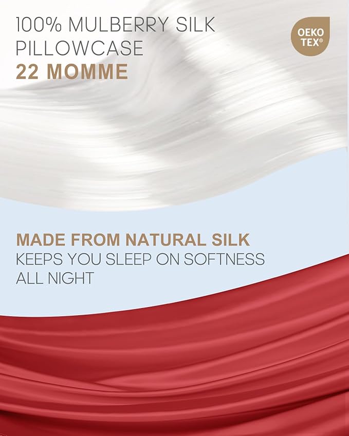 THXSILK 100% Pure Mulberry Silk Pillowcase for Hair and Skin, Highest 6A+ Grade 22 Momme Silk Pillow Case Standard Size, Silk Pillowcase with Zipper (Red, Standard Size 20"x26")