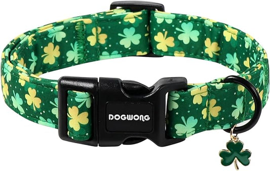 DOGWONG St Patrick's Day Dog Collar-Cute Green Clovers Dog Collars, Adjustable Shamrock Pet Collars Trefoil Puppy Collars with Quick Release Buckle for Girl&Boy Dogs,S