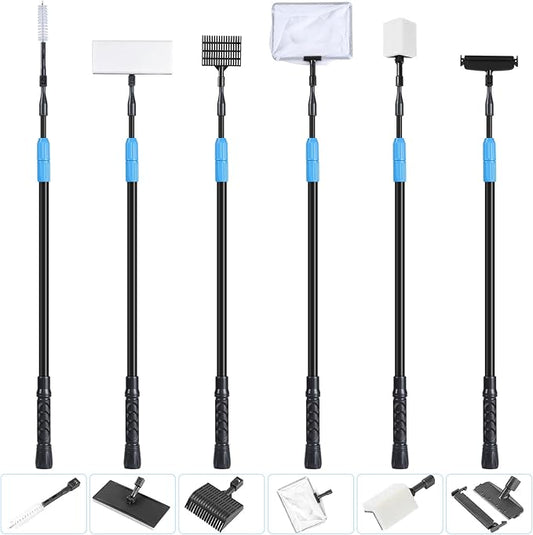 AquaMiracle 6 in 1 Aquarium Cleaning Tool Kit Fish Tank Cleaning Kit for 20-160 Gallon Tank with Telescopic Long Handle, Algae Scraper, Scrubber Pads, Tube Cleaner, Fish net, Gravel Rake