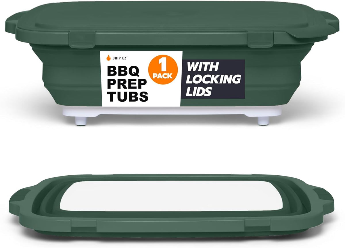 Drip EZ Collapsible BBQ Prep Tub - for Meal Prep Marinating Food Storage - Includes Cutting Board & Locking Lid - (1) XL - Black