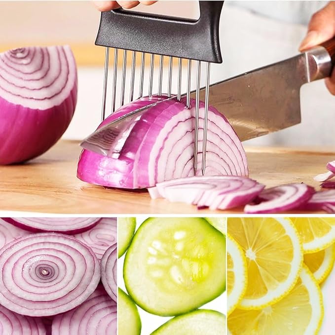 Onion Holder for Slicing, 2025 New Stainless Steel Onion Slicer Holder, Lemon Tomato Onion Cutter, Vegetables Fruit Chopper Kitchen Gadgets Assistant Tool for Meat, Eggs, Onion, Potato, Tomato (1)