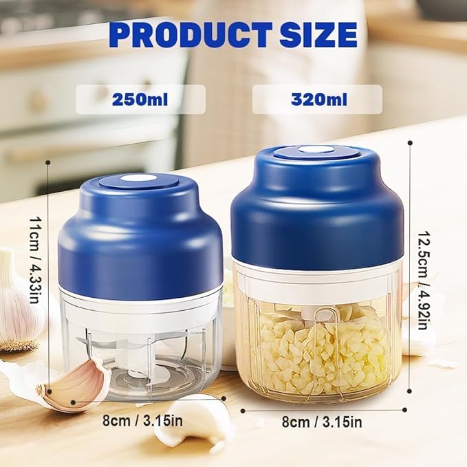 Electric Mini Garlic Chopper Set, 2026 New Small Garlic Chopper Mincer, USB Rechargeable, Wireless Veggie Grinder, Rapidly Garlic Minces Ginger Onion Chili Veggie (Blue, 250ml)