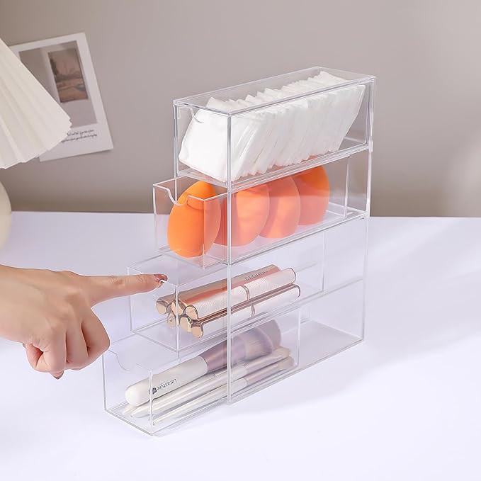 Acrylic Stackable Drawer Organizer with 4 Clear Drawers for Bathroom & Vanity Makeup Storage