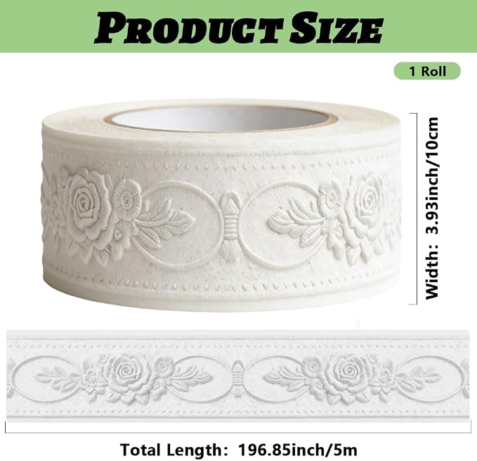 3D Wallpaper Border Floral White Wall Border Trim 197 x 4 Inch Elegant Rose