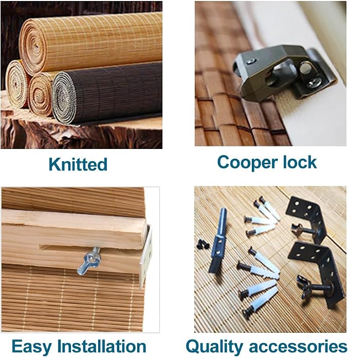 Letau No Drill No Tools Cordless Wood Window Shades Blinds, Bamboo Light