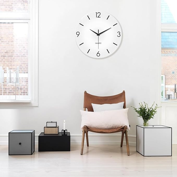 XFM Modern Simple Wall Clock 12 Inch Silent Wall Clocks Battery Operated White