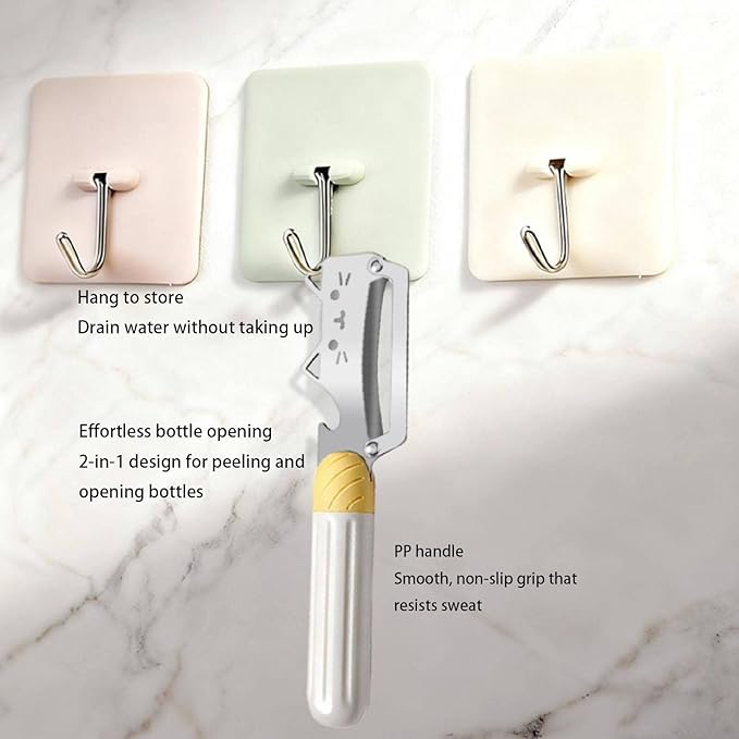 Multifunctional Vegetable Peeler, 2 in 1 Stainless Steel Peeler, Ultra-Sharp Stainless Steel Blade with Wooden Handle and Bottle Opener for Vegetables or Fruits, Kitchen Tool (Cute*2)