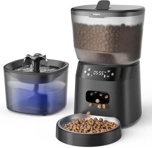 Automatic Cat Feeder and Water Fountain, 4L/16 Cups Timed Cat Dry Food Dispenser, 10s Meal Call, 20 Portions 6 Meals Per Day, 2L Cats Fountains for Drinking with Filter, Pet Feeder for Dog, Sooty