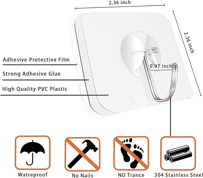 Latoxcaa Heavy Duty Adhesive Hooks 20-Pack: Holds 22lb, Strong Reusable &