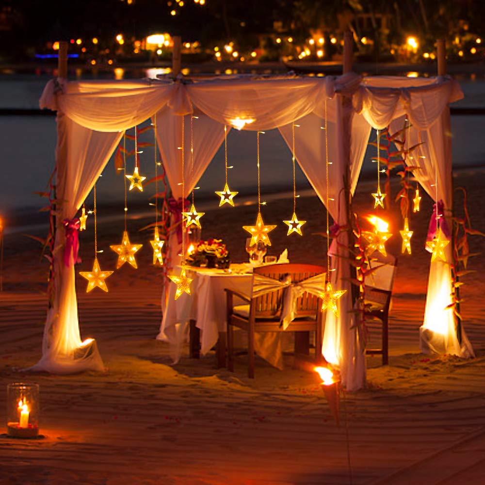 TOFU Star Curtain Lights, 108 Led 12 Stars Remote Window Curtain String Lights Plug in with 8 Flashing Modes Decoration for Christmas, Wedding, Bedroom, Party, Birthday, 7.3ft W, 3.3ft H, Warm White