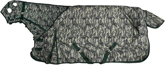 AJ Tack 1200D Waterproof Winter Horse Blanket with Hood - 400g Heavyweight Turnout with Fleece Collar, Shoulder Gussets & Tail Flap - Camouflage 82"