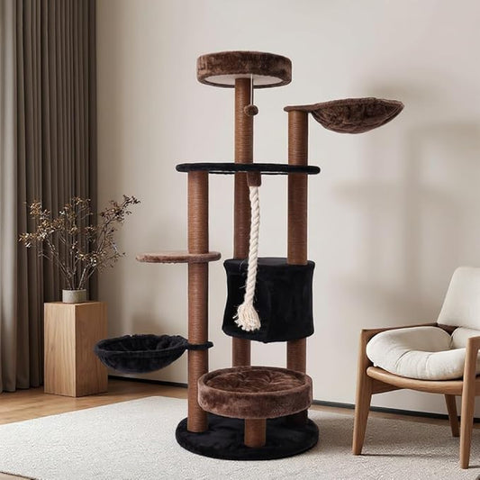 64 in Heavy Duty Cat Tree, Cat Tower for Indoor Large Cats, Multi-Level Cat Furniture with Sisal Scratching Post, Hammock Extra-Large Platform & Condo (Brown)
