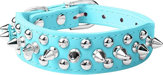 Spiked Dog Collar Soft Pu Leather Mushrooms Rivet Spike Studded Puppy Adjustable Pet Collars for Small Breeds (S, Light Blue)