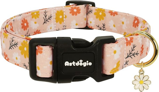 Dog Collar for Extra Small Dogs, Spring &Summer Theme Orange Small Dog Collars with Flower Pattern, Adjustable Puppy Dog Collars, Cute Girl or Boy Dog Collar Ideal for Gifts,Pet Accessory,XS