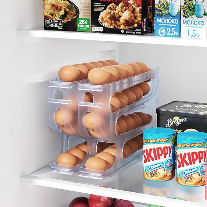 Sotfamily Egg Holder for Fridge, Auto Rolling Egg Dispenser for Refrigerator, Kitchen - Space-saving Egg Roller/Organizer/Storage/Container/Tray - 2 Packs for 56 Large Size Eggs(Frosted Clear)