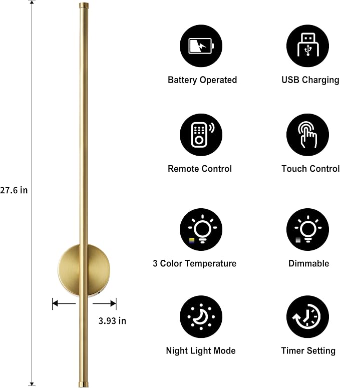 Battery Operated Modern Wall Sconces, Dimmable Wireless Wall Light Set of Two
