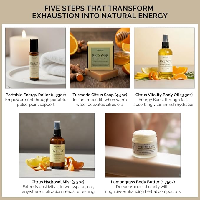 Energy Boost Gifts for Mom - 5-Piece Mood Lift Self Care Gift Set. New Mom Care Package for Tired Moms with Body Butter, Aromatherapy Essential Oil Roller, Turmeric Soap, Body Oil and Room Spray.