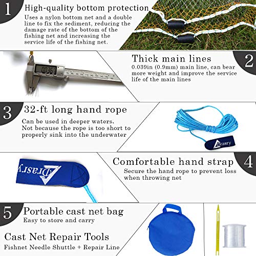 Drasry Saltwater Fishing Cast Net for Bait 3/8 1/4 or 1/2 with Heavy Sinkers Fish Trap Throw Net. Size 3ft/4ft/5ft/6ft/7ft/8ft/9ft/10ft Radius Freshwater Nets - size: 7FT (210cm) Radius, style: Pvc-0.3mm Mono 3/8mesh