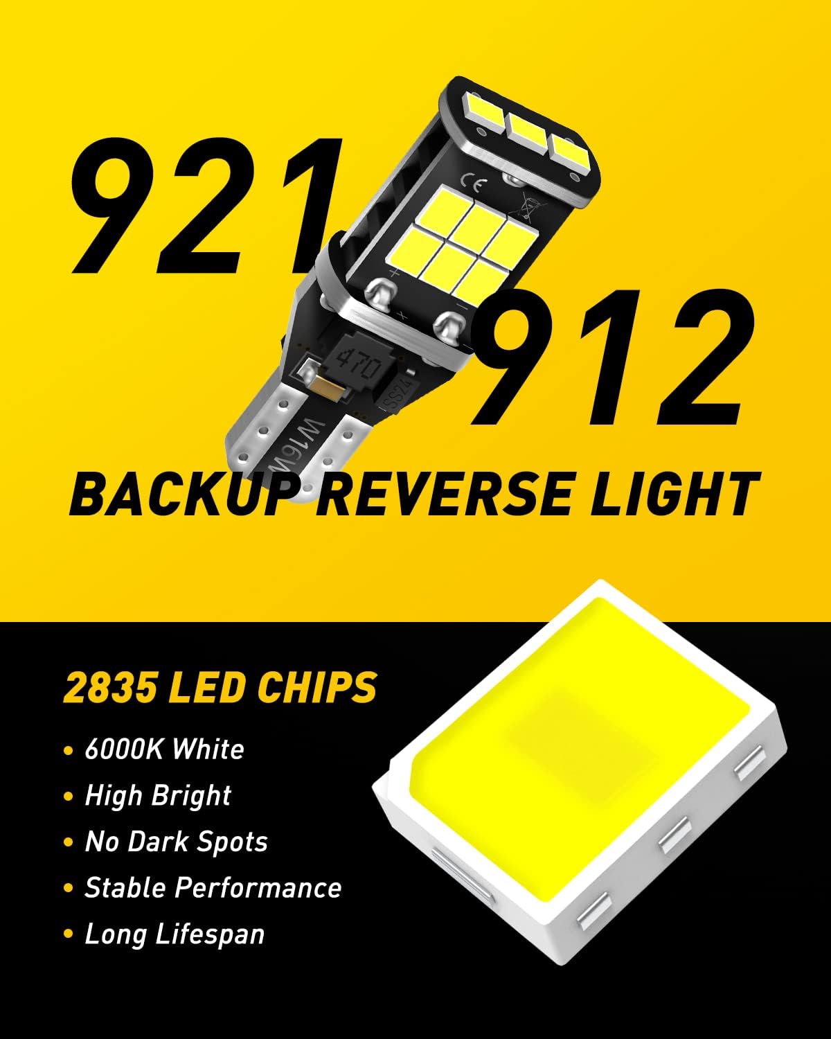 AUXITO 912 921 LED Bulb for Backup Light Reverse Lights High Power 2835 15-SMD Chipsets Error Free T15 906 922 W16W Bulbs, 6000K White, Exterior Light Bulbs (Upgraded, Pack of 2)