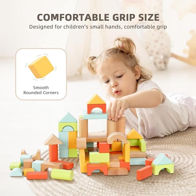100 Pcs Building Blocks for Toddlers 1-3, Kids Wooden Blocks & Shape Sorter | Bucket for Easy Storage - Montessori Toys for 1 2 3 Year Old, Learning Toys for Preschool Girls and Boys