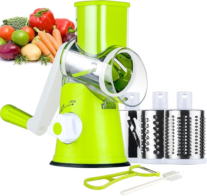 Ourokhome Rotary Cheese Grater Hand Crank, Kitchen Shredder Speed Mandolin Slicer Nut Grinder with Handle and Drum Blades for Cheese, Vegetable, Walnut, Chocolate, Potato, Carrot, 3 Blades, Green