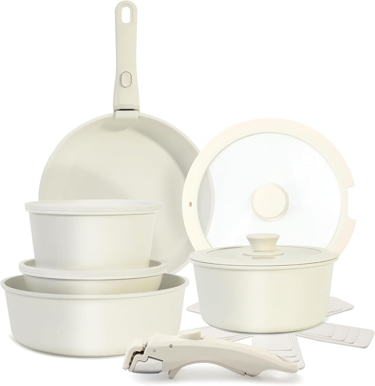 5PCS Pots and Pans Set Non Stick, Kitchen Cookware Sets with Detachable Handle, Induction Cookware Sets, Non Stick RV Cookware Cooking Set, Dishwasher ＆ Oven Safe, PFOA Free, Cream White