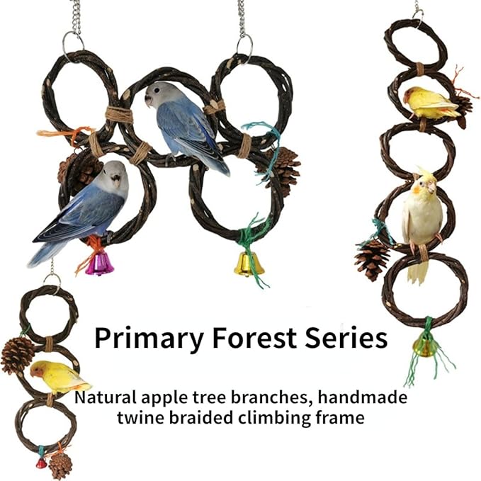 Circle Straw Bird Swing Stand Bird Perches Stand Hanging Chewing Toy for Parrots Bird Playground Cage Accessories Climbing Rope Net Ladders for Foraging Toys（Random Color） (5 Ring Double Row)