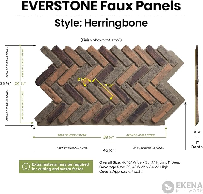 EverStone Herringbone Faux Brick Panel, 46 1/2"W x 25 1/4"H x 1"D, Stratus Color