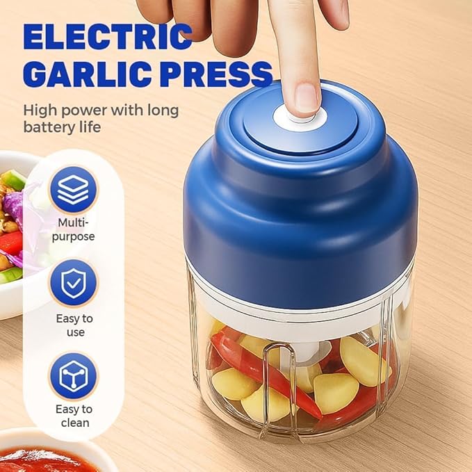 Electric Mini Garlic Chopper Set, 2026 New Small Garlic Chopper Mincer, USB Rechargeable, Wireless Veggie Grinder, Rapidly Garlic Minces Ginger Onion Chili Veggie (Blue, 250ml)