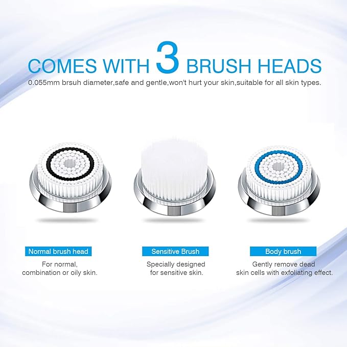 Facial Cleansing Brush Sonic Facial Brush Skin Cleansing Electric Face Scrubber Exfoliator by Hangsun SC200 with 3 Brush Heads, 3 Speed Modes Rechargeable for Exfoliating, Massaging and Deep Cleansing