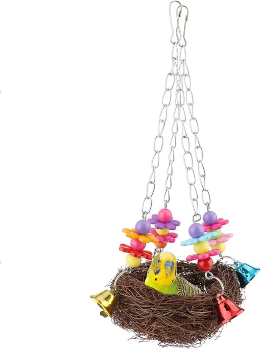 Hypeety Natural Rattan Nest Bird Swing Toy Colorful Flowers Bells for Budgie Parakeet Finch Lovebird Cockatiel (C)