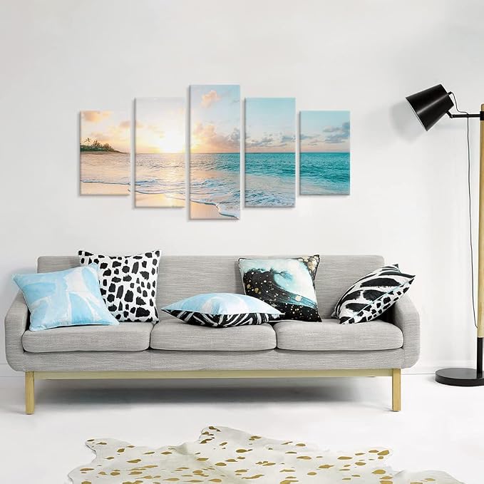 Goldfoilart 5 Pieces Beach Sunset Canvas Wall Art Blue Sea Prints Romantic