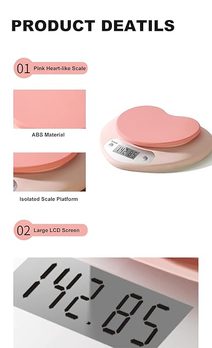 YRY Pink Kitchen Scale - Large LCD, Tare Function, 11 lbs Capacity, 0.03 oz Precise Graduation - Perfect Food Scale for Baking & Cooking, ML & Oz Unit for Liquids and Solids (Pink 5kg/1g)
