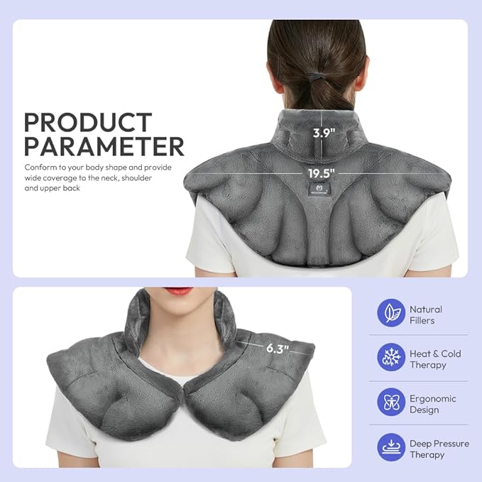 Microwavable Heat Pad for Neck and Shoulders, Weighted Microwave Moist Heating Wrap for Pain Relief Sore Muscle Stress Tension, Heated Wrap with Aromatherapy, Hot & Cold Compress, Grey