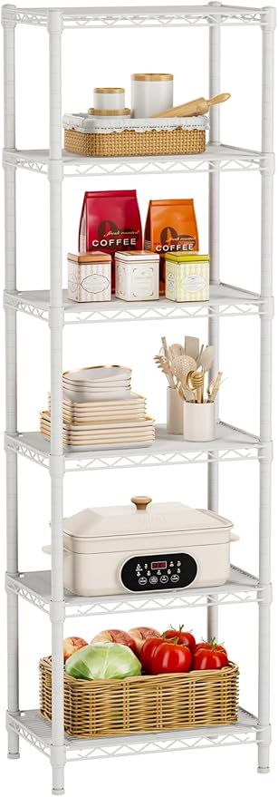 Golpart Small 6 tire Shelves Storage Wire Shelving Unit Metal Shelf Adjustable Organizers Storage Shelving for Bathroom Laundry Room Kitchen Pantry10”D x 16”W x 60”H White