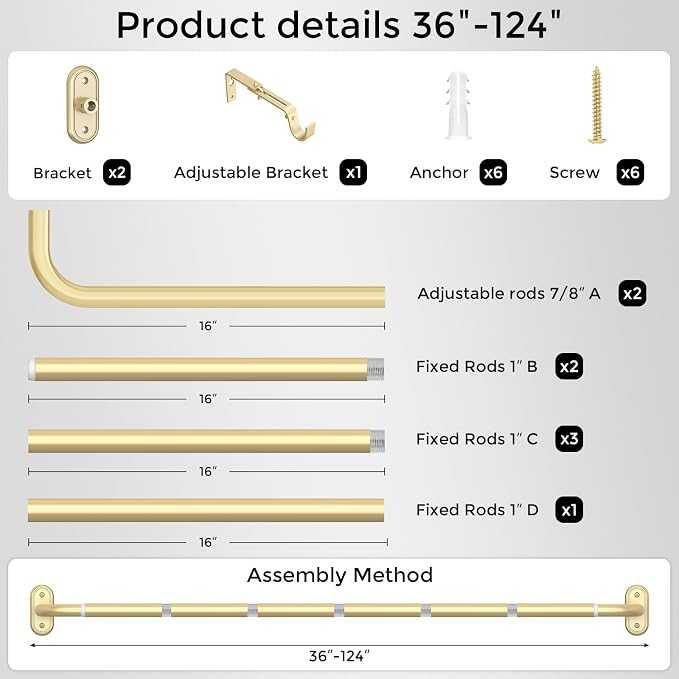 Curtain Rods 36-120 Inch, 1 Inch Adjustable Long Heavy Duty Room Darkening