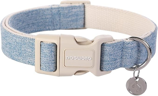DOGWONG Cotton Hemp Dog Collar, Heavy-Duty Baby Blue Dog Collar Adjustable Soft Natural Fabric Pet Dog Collar Cute Wedding Puppy Necklace for Small Medium Large Dogs
