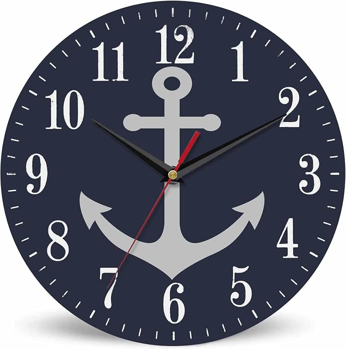 Mxocom Anchor Wall Clock Boat Anchor Marine Navigation Blue 10 Inch Silent Non