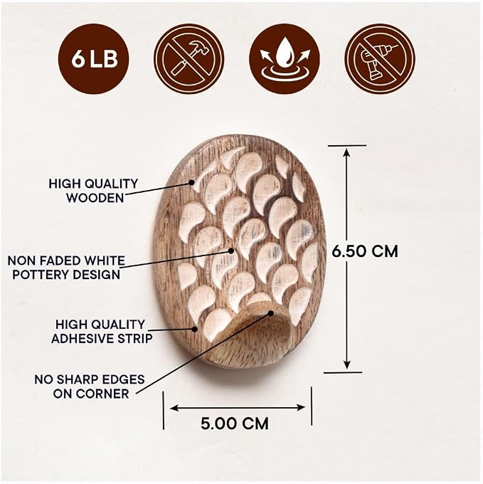 Indian Shelf 6 Lb- 6 Pieces Decorative Wood Adhesive Wall Hooks–Boho Peel and