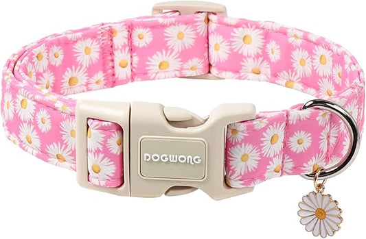 DOGWONG Flower Dog Collar-Daisy Flower Print Girl Dog Collar for Large Cute Dog Collars Spring Female Pet Gift Adjustable Heavy-Duty Soft Collar，L