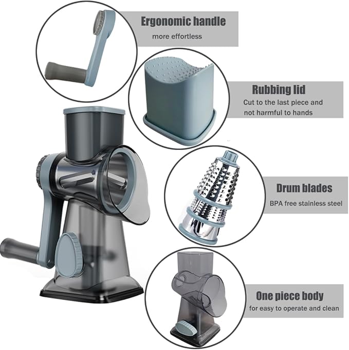 Rotary Cheese Grater Shredder with Handle Handheld Round Mandoline Vegetable Slicer Carrot Shredder Nut Grinder with 3 Replaceable Stainless Steel Drum Blades and Upgrade Strong Suction, Grey/Cyan