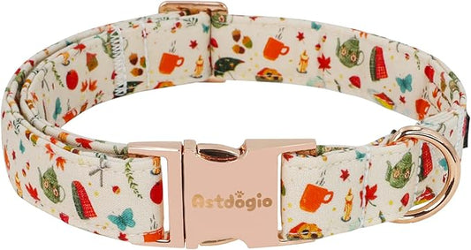 Autumn Dog Collar，Soft Cotton Handmade Pet Collar with Autumn Tea Party Design for Small Medium Large Dogs, Adjustable Collars for Fall Walks，Tea-Time Adventures & Fireside Snuggles -XS