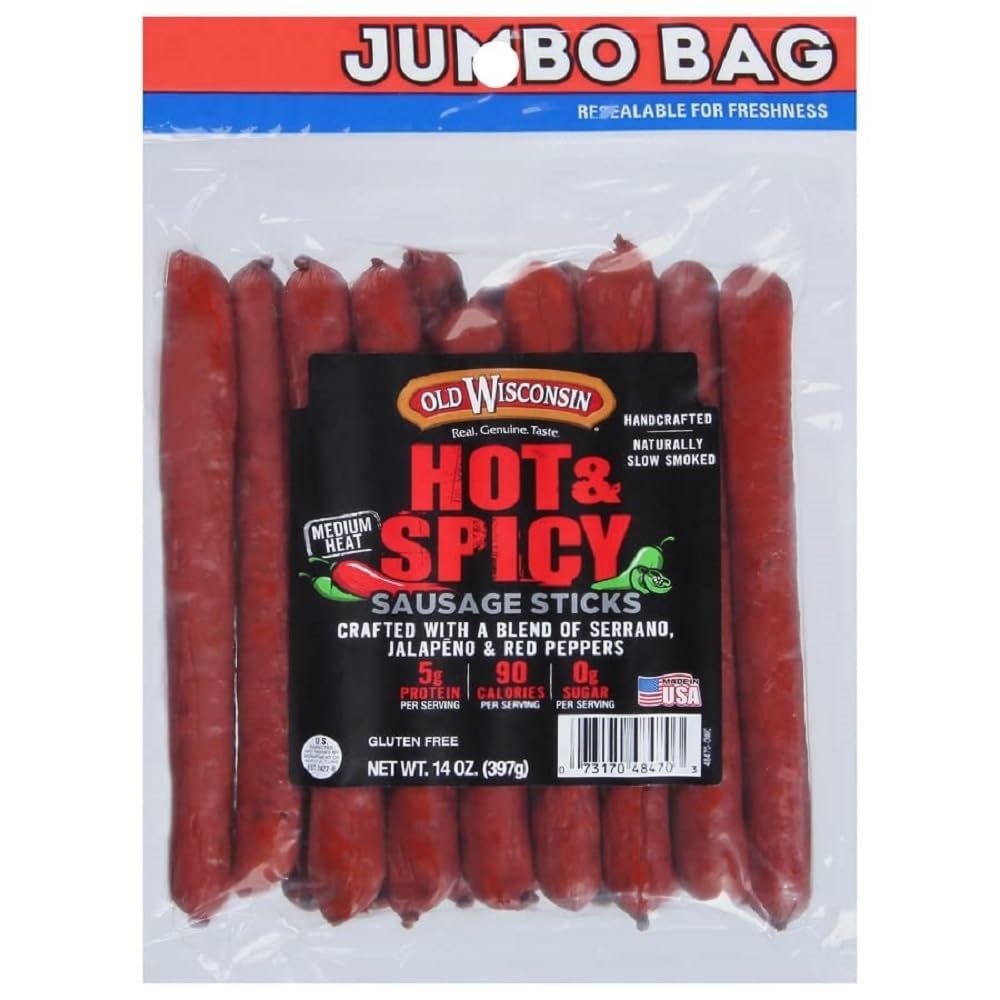 Old Wisconsin Hot & Spicy Sausage Snack Sticks, Naturally Smoked, Ready to Eat, High Protein, Low Carb, Keto, Gluten Free, 14 Ounce Resealable Package