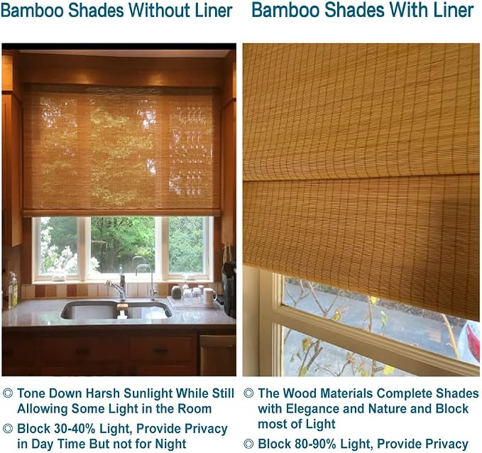 Letau No Drill No Tools Cordless Wood Window Shades Blinds, Bamboo Light
