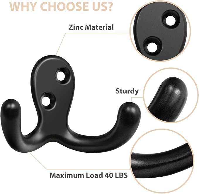 Homanu 10 Pack Coat Hooks, Heavy Duty Double Prong Coat Hooks Wall Mounted